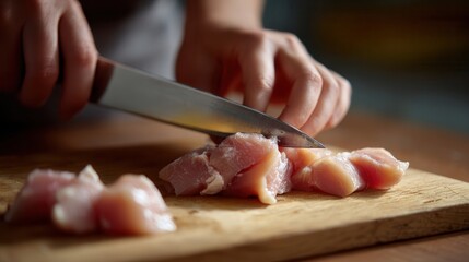 Person is using knife to cut chicken fillets on wooden cutting board, showcasing culinary skills and attention to detail in food preparation. scene evokes sense of home cooking and freshness