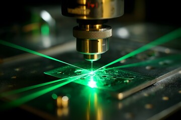 A powerful green laser precisely cutting or engraving a circuit board, symbolizing advanced manufacturing, microelectronics, and industrial automation.