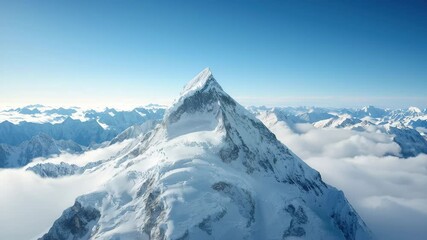 Snowy mountain peak blue sky winter landscape, majestic and serene high altitude nature, breathtaking view of snow covered summit rising above clouds, remote wilderness adventure, peaceful atmosphere - Powered by Adobe