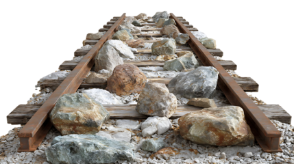 Obstructed railway track with rocks.