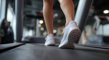 Close up of woman legs running on treadmill, showcasing athletic footwear and fitness environment. determination and energy are evident in this active scene