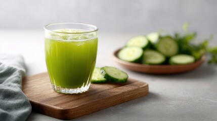 Refreshing cucumber juice in glass on wooden board, surrounded by fresh cucumber slices. This vibrant green drink is perfect for hydration and wellness
