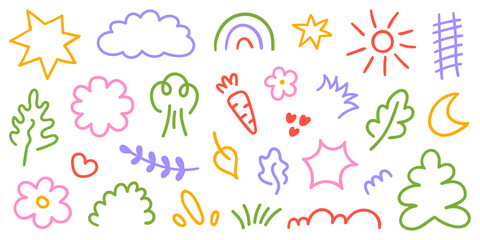 Set of cute colorful kids elements. Hand drawn collection of scribble doodle icon. Vector line illustration