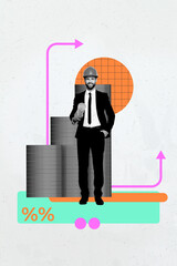 Creative trend collage of person worker earn money coin on white background