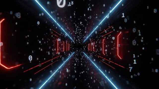 Glowing cyber tunnel filled with flowing binary numbers, representing the passage of data through futuristic infrastructure - Powered by Adobe