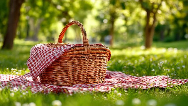Picnic Basket on Checkered Blanket in Sunlit Orchard with Grass and Trees