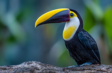 Against the vibrant green backdrop of the rainforest, a toucan bird with a large orange beak and black feathers can be seen perched on a tree stump in Parque das Aves, Brazil, a popular destination