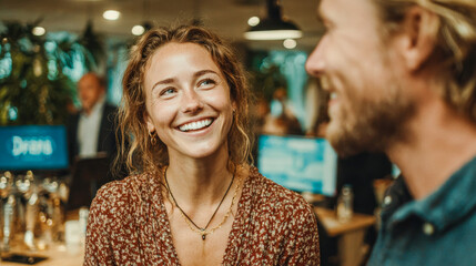 Two coworkers share a laugh in a sunlit coworking space, candid moment that feels warm, real, and modern.