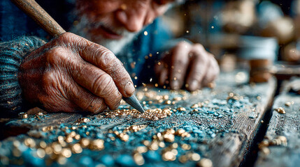 Close‑up of experienced hands assembling delicate golden jewelry on a wooden bench under warm, vintage light.