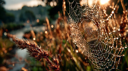 Close-up of dew-laced spider web glowing in sunrise light over a calm meadow, sparkling with delicate bokeh.
