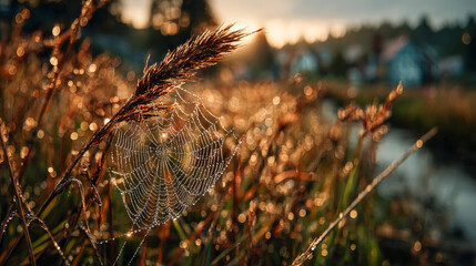 Close-up of dew-laced spider web glowing in sunrise light over a calm meadow, sparkling with delicate bokeh.