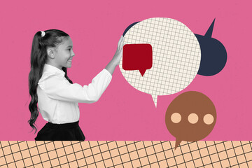 Trendy poster art photo collage of happy schoolgirl stand touch bubble communication talk back to...