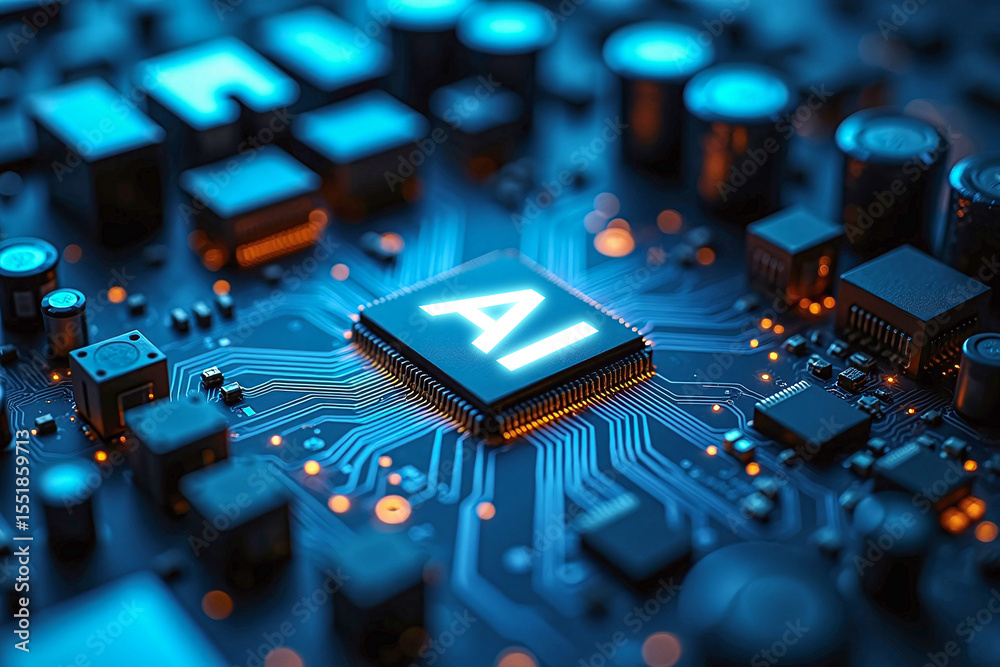 Fototapete glowing circuit board semiconductor microchip with ai text, digital technology background