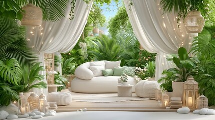 This living room boasts a bright and modern aesthetic, complete with trendy furniture, lush plants, and an abundance of natural light, ideal for contemporary homes