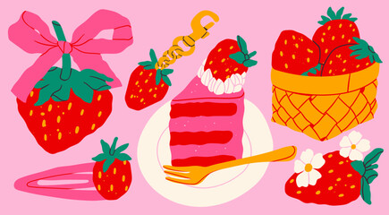 Obraz na płótnie Canvas Strawberry set. Berry with bow ribbon, strawberry keychain, hair clip, basket with berries, cheesecake on plate. Hand drawn Vector illustration. Isolated design elements. Summer fresh sweets concept