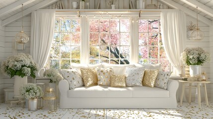 This contemporary living room is a masterclass in modern design, with its bright and airy atmosphere, stylish furniture, and decorative plants, all perfectly complemented by natural light