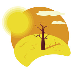 Drought vector. Cartoon dry land and tree in desert illustration. Hot weather, soil erosion, scorching sun scene icon. Natural disaster isolated on white background