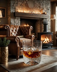 Fototapeta premium A glass of whiskey with ice sits in front of a cozy fireplace and leather armchair in a warm, inviting room.