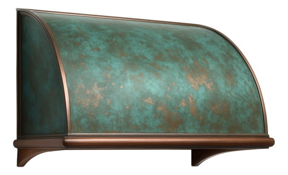 Copper window awning with a patina finish, lending a timeless elegance to a historic mansion.