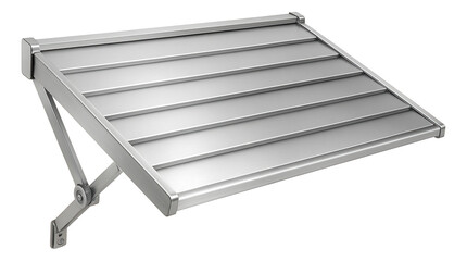 Wide, adjustable aluminum window awning for shading large windows in a residential studio.