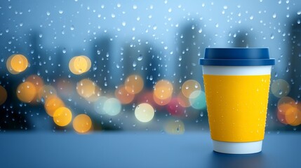 The atmosphere on a warm and rainy day includes a coffee cup that was delivered, placed on a window sill