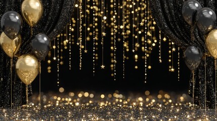 A sophisticated New Year's Eve gala setup is showcased in an elegant celebration background, complete with black and gold decorations, a glittering dance floor, and a midnight countdown