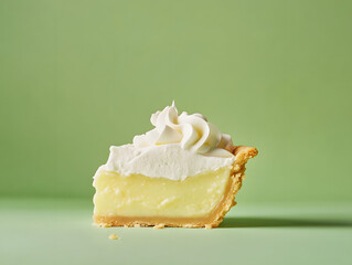 A delectable slice of key lime pie topped with fluffy whipped cream on pastel green background