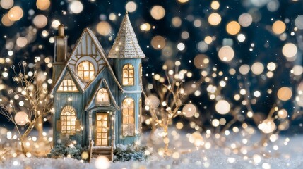 The background of a magical New Year celebration features a dreamy winter night scene that includes twinkling lights, a snowy landscape, and a festive holiday mood