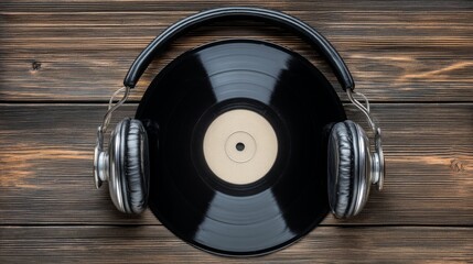 Vinyl Records and Headphones on a Wooden Surface with a Retro Aesthetic