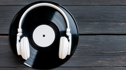 Headphones and Vintage Vinyl Records Positioned on Wooden Texture