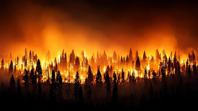Wildfire Burning Through Dense Forest With Intense Orange Flames and Thick Smoke, Creating Dramatic, Dangerous Atmosphere, Environmental Disaster, Climate Crisis, Fire, Flame, Smoke, Danger