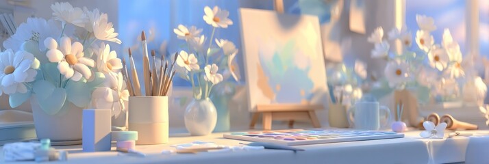 On a table in a creative workspace, a visually striking collage showcases vibrant colors and textures, its impact heightened by a softly blurred background that cultivates an atmosphere of artistry