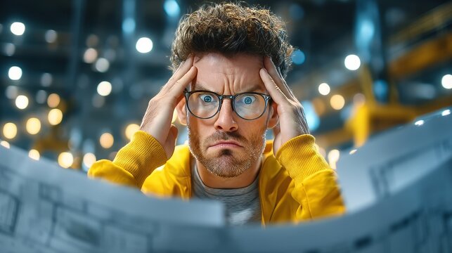 A man is positioned in front of an unfinished project, visibly stressed as he scrutinizes the plans, and his workspace is overflowing with wood and construction materials that symbolize the