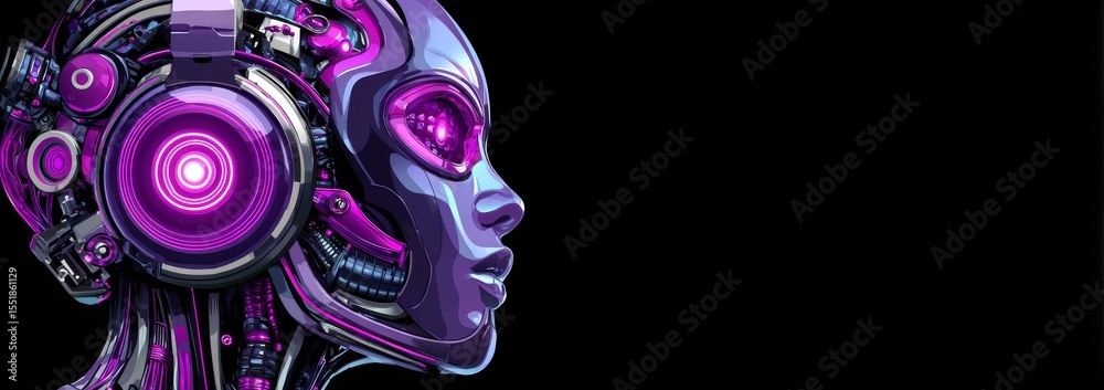 Poster a robot or stock figure with a human-like face, an ai entity with a cybernetic body, exists within a