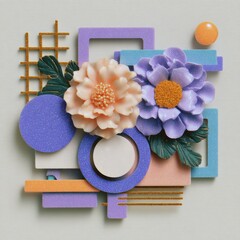 Geometric shapes and bold colors combine with mixed media elements on a white background in vibrant abstract collage art