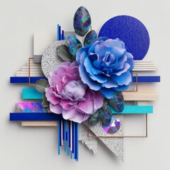 Mixed media elements, geometric shapes, and bold colors converge in vibrant abstract collage art presented on a white background
