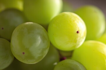 Obraz premium Close-up of green grapes with macro photography, shallow depth of field on green background, text area for advertising.