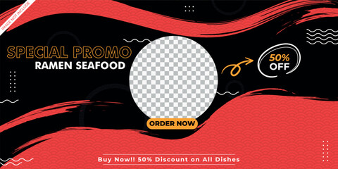Flat design tasty food ramen seafood sale banner
