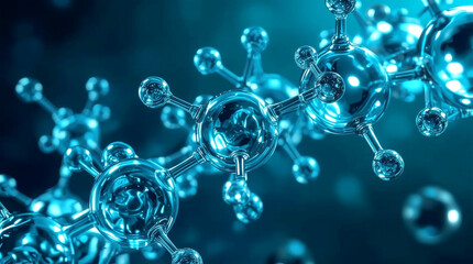 molecule model. Science background, molecular structure, composed of interconnected, translucent, and reflective spherical nodes and linking rods. The dominant color is clear blue