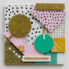 Bold colors and geometric shapes are arranged in a vibrant abstract collage set against a clean white background