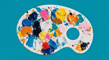A dark green, textured background serves as the setting for an artist's palette that has been used and is covered in paint