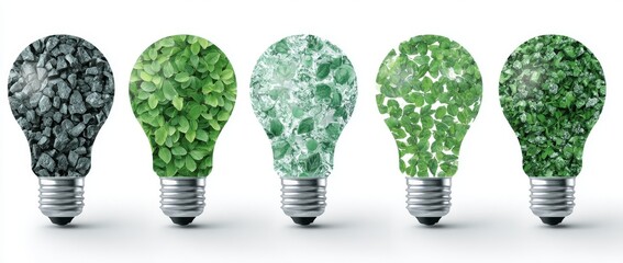 The image of green leaves within an ecofriendly light bulb represents sustainable power, renewable energy sources, and environmentally responsible methods of energy consumption