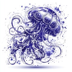 The phrase describes a modern, blue, invertebrate jellyfish animal that is hand drawn