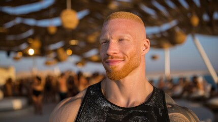 Representation of a delighted and radiant man, yoga expert in a yoga sanctuary on a tropical oasis