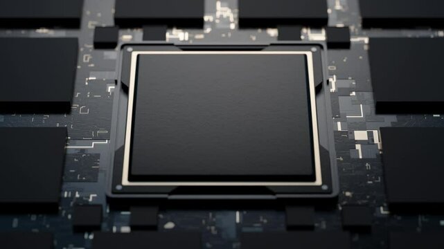Abstract microcircuit. Electronic board. Animation of installing a graphics processor on an electronic circuit Microprocessor for artificial intelligence. Robotics. Autonomous artificial intelligence.
