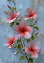 Artwork featuring a vibrant floral collage with a textured background and red blooms