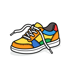 Vibrant Cartoon Sneaker with Colorful Patchwork Design and Untied Laces Illustration