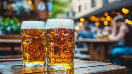 Close-up of beer glasses with fresh beer in the beer garden