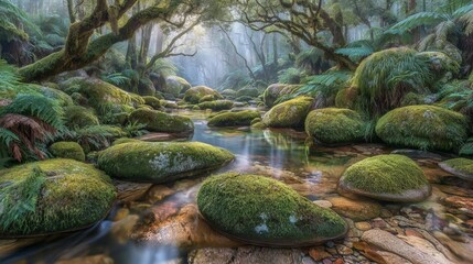 A lush, vibrant forest, teeming with life, is veiled in misty rain, featuring towering trees, moss-covered stones, and a variety of ferns, all set against a serene, emerald-hued backdrop