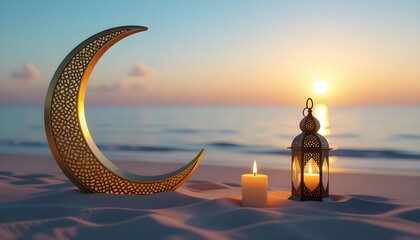 Traditional Candle light with Crescent moon shape on the beach, Ramadan Kareem background 2025